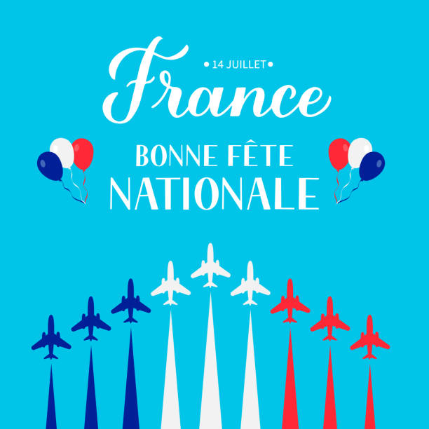 Bonne Fete Nationale (Happy National Day in French) lettering with airplanes and air show in sky. Vector template for Bastille Day typography poster, banner, invitation, greeting card, flyer Bonne Fete Nationale (Happy National Day in French) lettering with airplanes and air show in sky. Vector template for Bastille Day typography poster, banner, invitation, greeting card, flyer. bastille day stock illustrations