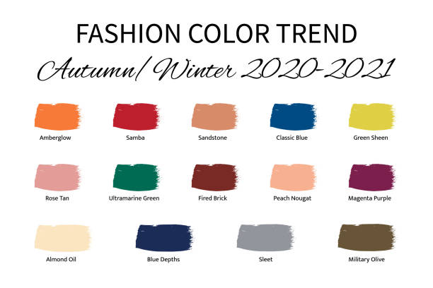 illustrazioni stock, clip art, cartoni animati e icone di tendenza di fashion color trend autunno â inverno 2020 - 2021. guida alla tavolozza dei colori alla moda. pennellate di colore di vernice con campioni di nomi. modello vettoriale facile da modificare per i tuoi progetti creativi - pantone 2021