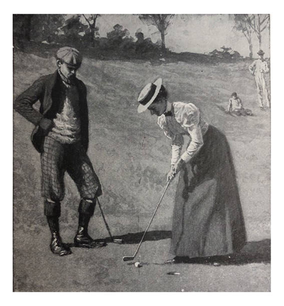 운동 스포츠 - 골프를 치는 남자와 여자 - 여자는 긴 치마에 - victorian style women history couple stock illustrations