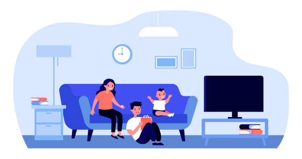 Happy children watching TV at home Happy children watching TV at home. Kids sitting on couch in living room flat vector illustration. Leisure time, movie, show concept for banner, website design or landing web page kids watching tv stock illustrations