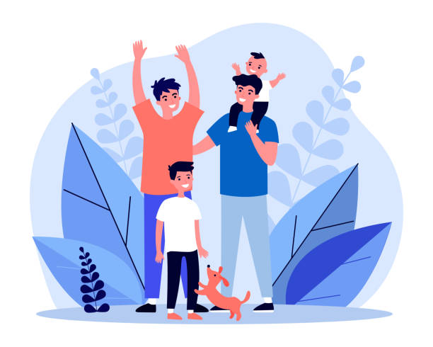 Happy homosexual couple with children and pet Happy homosexual couple with children and pet. Gay parents, family, happiness flat vector illustration. LGBT, equal rights, equality concept for banner, website design or landing web page gay daddy stock illustrations