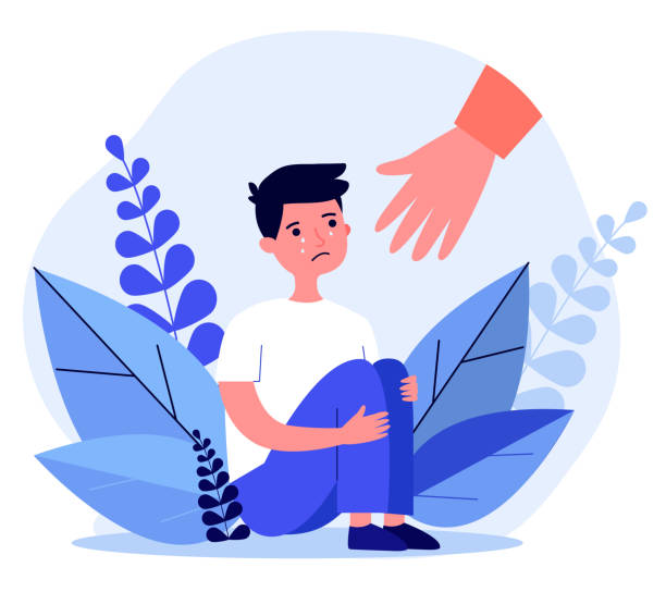 Helping hand for crying boy Helping hand for crying boy. Family problem, depressed unhappy kid flat vector illustration. Childhood, help, support concept for banner, website design or landing web page teenager sorry stock illustrations