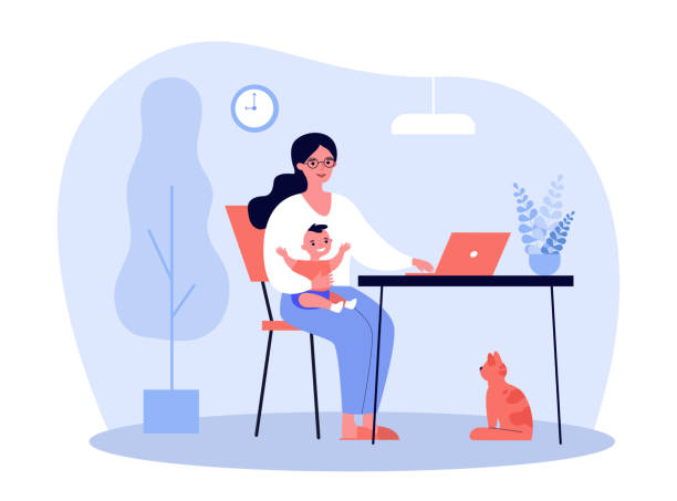 Happy mother holding baby and working online at home Happy mother holding baby and working online at home flat vector illustration. Cartoon mom sitting at desk and using laptop computer. Motherhood and freelance concept animal related occupation stock illustrations