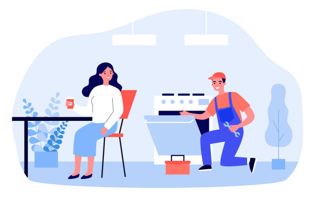 Repair man working on broken oven Repair man working on broken oven. Woman drinking tea in kitchen flat vector illustration. Home appliance, service call, housekeeping concept for banner, website design or landing web page appliance repair stock illustrations