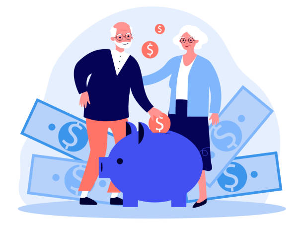 お金を節約する幸せなシニ��アカップル - piggy bank savings internet finance点のイラスト素材／クリップアート素材／マンガ素材／アイコン素材