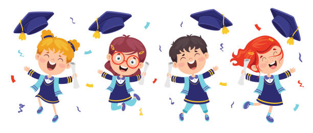 мультфильм счастливый ребенок в выпускном костюме - mortar board child female people stock illustrations