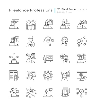 Freelance professions pixel perfect linear icons set. Branding and HR management, data entry jobs. Customizable thin line contour symbols. Isolated vector outline illustrations. Editable stroke