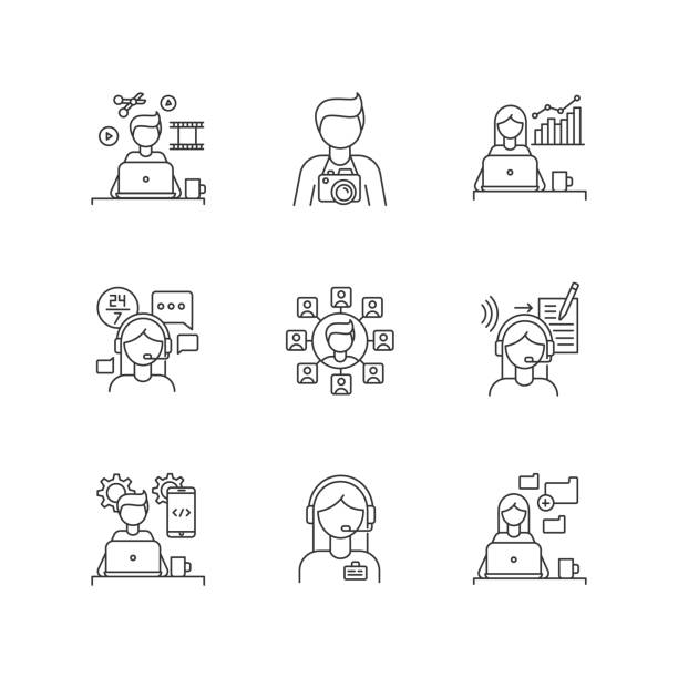 illustrazioni stock, clip art, cartoni animati e icone di tendenza di i processi remoti pixel icone lineari perfette impostato. supporto tecnico e amministrativo, marketing. processi di immissione dati. simboli di contorno a linea sottile personalizzabili. illustrazioni di contorno vettoriale isolate. tratto modificabile - amministratore