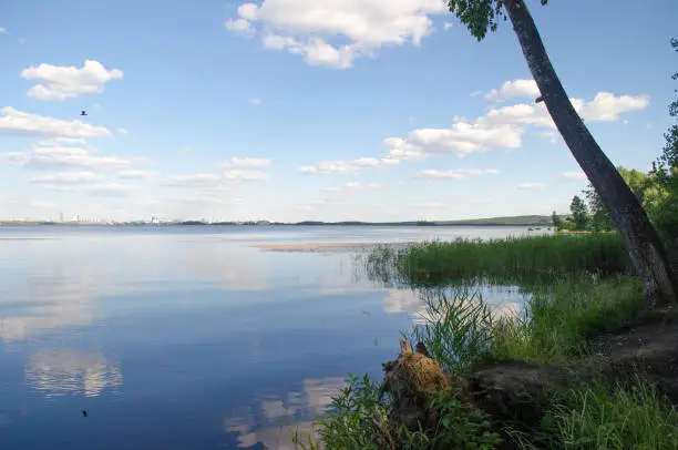 beautiful lake and the reflection of the clouds.