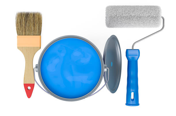 istock Paint Can with brush and roller brush, top view. 3D rendering isolated on white background 1252495157