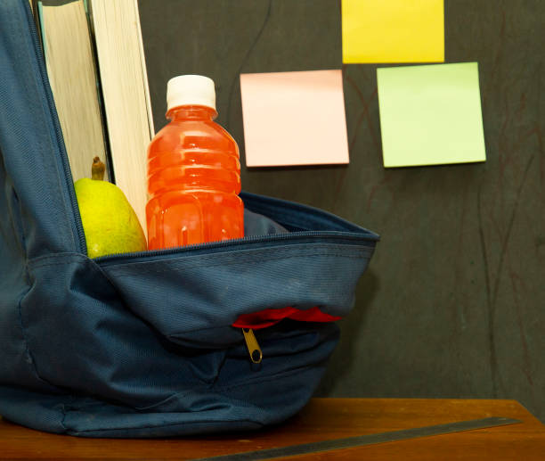 istock juice and pear in a backpack with textbooks on the desk. break in school. 1252495177