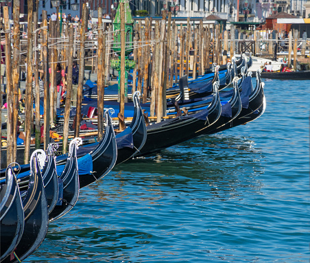 Anchored gondolas in Venice, Italy
