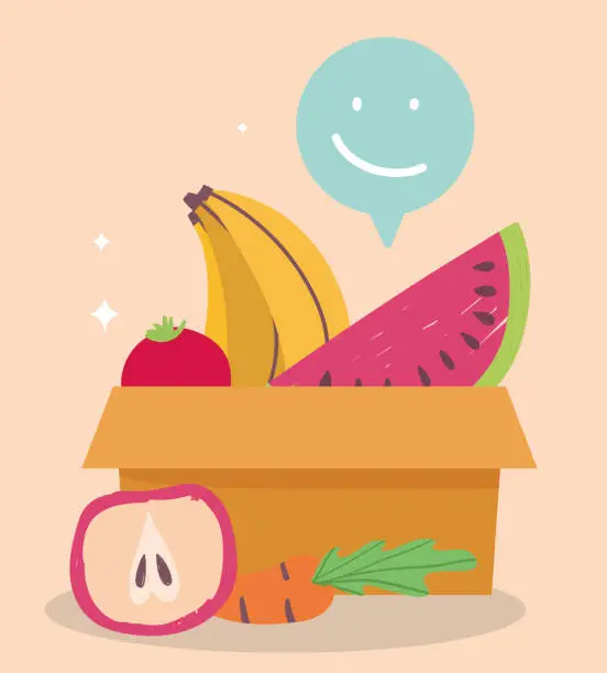 Vector illustration of online market, cardboard box watermelon banana and apple, food delivery in grocery store