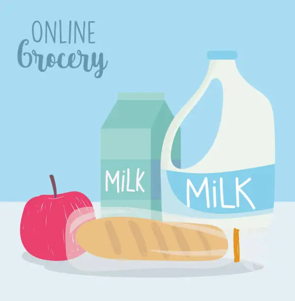 Vector illustration of online market, bread apple milk box and bottle, food delivery in grocery store