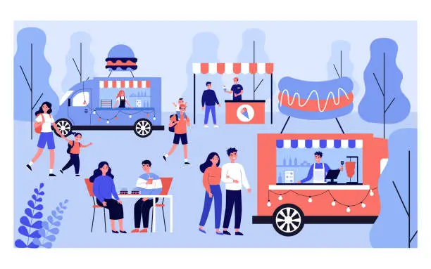 Vector illustration of Different people relaxing on street food festival