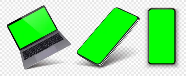 Vector illustration of Telephone and laptop in rotated position green screen isolated white background. Realistic laptop incline 90 degree isolated on white background. computer notebook. Cellphone frame with blank display.