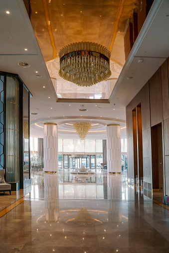 Luxury Hotel, entrance hall, tourist resort, hotel check-in, ornamental pool