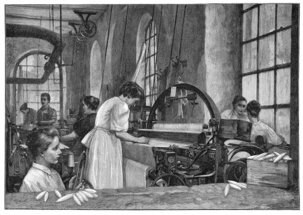 Worker manufacturing cloth on weaving loomOriginal edition from my own archivesSource : Gartenlaube 1901Drawing : A. Zwiller