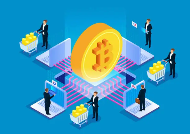 Vector illustration of Bitcoin blockchain technology, digital currency mining