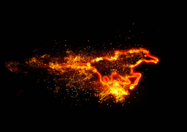 炎が散らばって走る抽象的な馬の3dイラスト - 炎 イラスト ストックフォトと画像