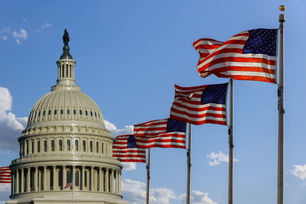istock Capitol building in Washington, DC with United States flags 1252558859