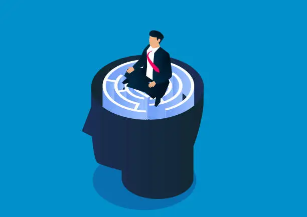 Vector illustration of Businessman sitting cross-legged pensive on brain maze