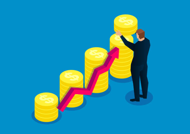 Growing business, increasing the height of gold coin stacks, successful businessmen Growing business, increasing the height of gold coin stacks, successful businessmen moving up illustrations stock illustrations