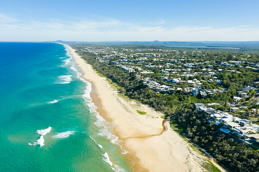 Looking down the coast from Sunshine Beach towards Coolum Beach on a sunny day