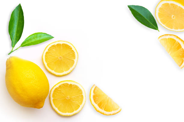 Lemon Fresh organic yellow lemon fruit with slice and green leaves isolated on white background . Top view. Flat lay. sicily photos stock pictures, royalty-free photos & images