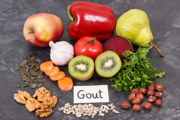 Healthy eating containing natural vitamins and minerals. Concept of best food for gout and kidneys health
