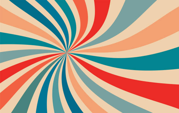 rétro starburst sunburst modèle de fond et palette de couleurs vintage de pêche beige rouge orange et bleu en spirale ou tourbillonné radial rayé design - style des années 1960 photos et images de collection