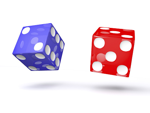 Red and blue casino dices, 3d rendered looking like shiny transparent glas.