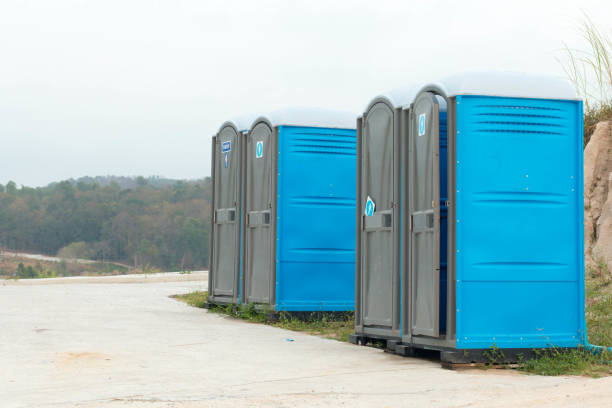 istock Two blue portable toilet cabins at construction site 1252583597