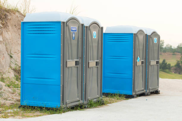 istock Two blue portable toilet cabins at construction site 1252583598