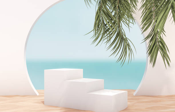 istock Natural summer beach backdrop with white stair and palm tree shadow for product display. 1252589539