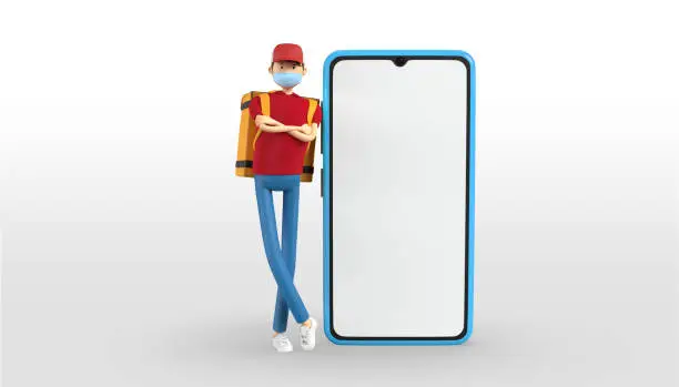 3D rendering of delivery guy with mask, food bag waiting for smartphone order. Red uniform deliveryman deliver express meal. courier service during  pandemic coronavirus. Safe delivery concept.