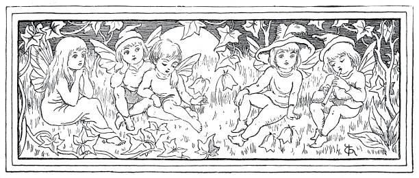 illustrations, cliparts, dessins animés et icônes de petits anges se trouvant dans le pré, jouant la flûte - 5904
