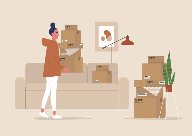 Young female character holding cardboard boxes, moving to a new apartment, relocation, home interior Young female character holding cardboard boxes, moving to a new apartment, relocation, home interior carton illustrations stock illustrations
