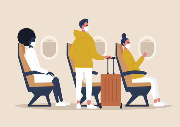 covid-19, pandemia, coronavirus, pasażerowie noszący maski ochronne na pokładzie, widok z boku kabiny samolotu - latać ilustracje stock illustrations