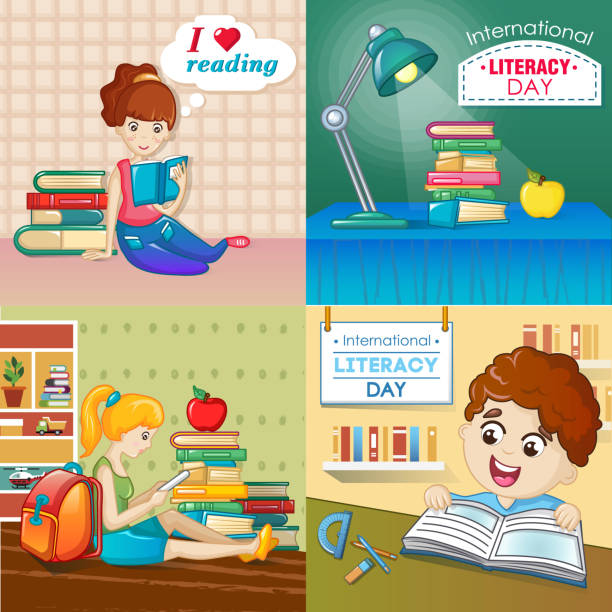 Literacy Day book banner set, cartoon style Literacy Day book international library banner concept set. Cartoon illustration of 4 Literacy Day book international library vector banner concepts for web illiteracy stock illustrations