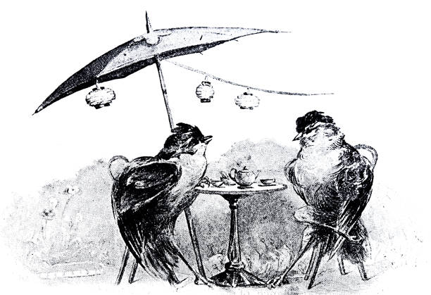 Bird couple sitting in the café Illustration from 19th century vintage food and drink stock illustrations