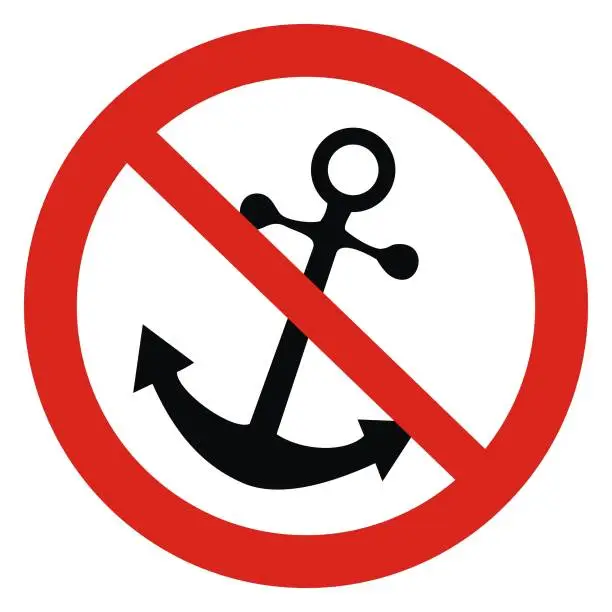 Vector illustration of no mooring, black anchor at red frame
