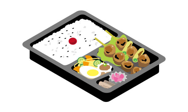 ilustraciones, imágenes clip art, dibujos animados e iconos de stock de japonés yakitori bento en el mercado - cooked chicken white background grilled chicken