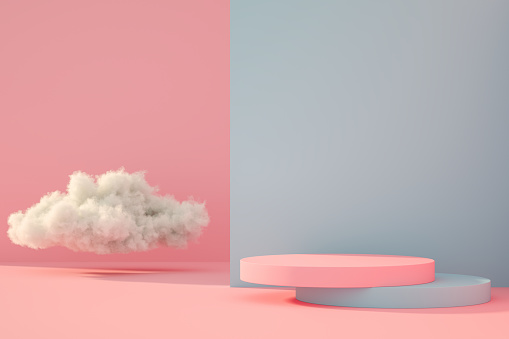 3D rendering of Empty Product Stand, Platform, Podium with Cloud for the presentations. Minimal design.