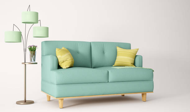 istock Green sofa on white background with floor lamp and plaid, 3d rendering 1252597899