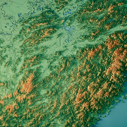 3D Render of a Topographic Map of the Jiangxi Province in China. \nAll source data is in the public domain.\nColor texture: Made with Natural Earth. \nhttp://www.naturalearthdata.com/downloads/10m-raster-data/10m-cross-blend-hypso/\nRelief texture: NASADEM data courtesy of NASA JPL (2020). URL of source image: \nhttps://doi.org/10.5067/MEaSUREs/NASADEM/NASADEM_HGT.001\nWater texture: SRTM Water Body SWDB:\nhttps://dds.cr.usgs.gov/srtm/version2_1/SWBD/