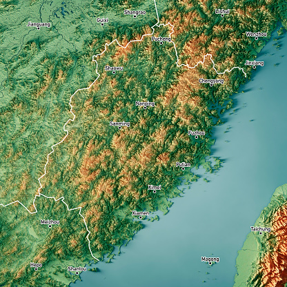 3D Render of a Topographic Map of the Fujian Province in China. Version with Country Boundaries and Cities.\nAll source data is in the public domain.\nColor texture: Made with Natural Earth. \nhttp://www.naturalearthdata.com/downloads/10m-raster-data/10m-cross-blend-hypso/\nRelief texture: NASADEM data courtesy of NASA JPL (2020). URL of source image: \nhttps://doi.org/10.5067/MEaSUREs/NASADEM/NASADEM_HGT.001\nWater texture: SRTM Water Body SWDB:\nhttps://dds.cr.usgs.gov/srtm/version2_1/SWBD/