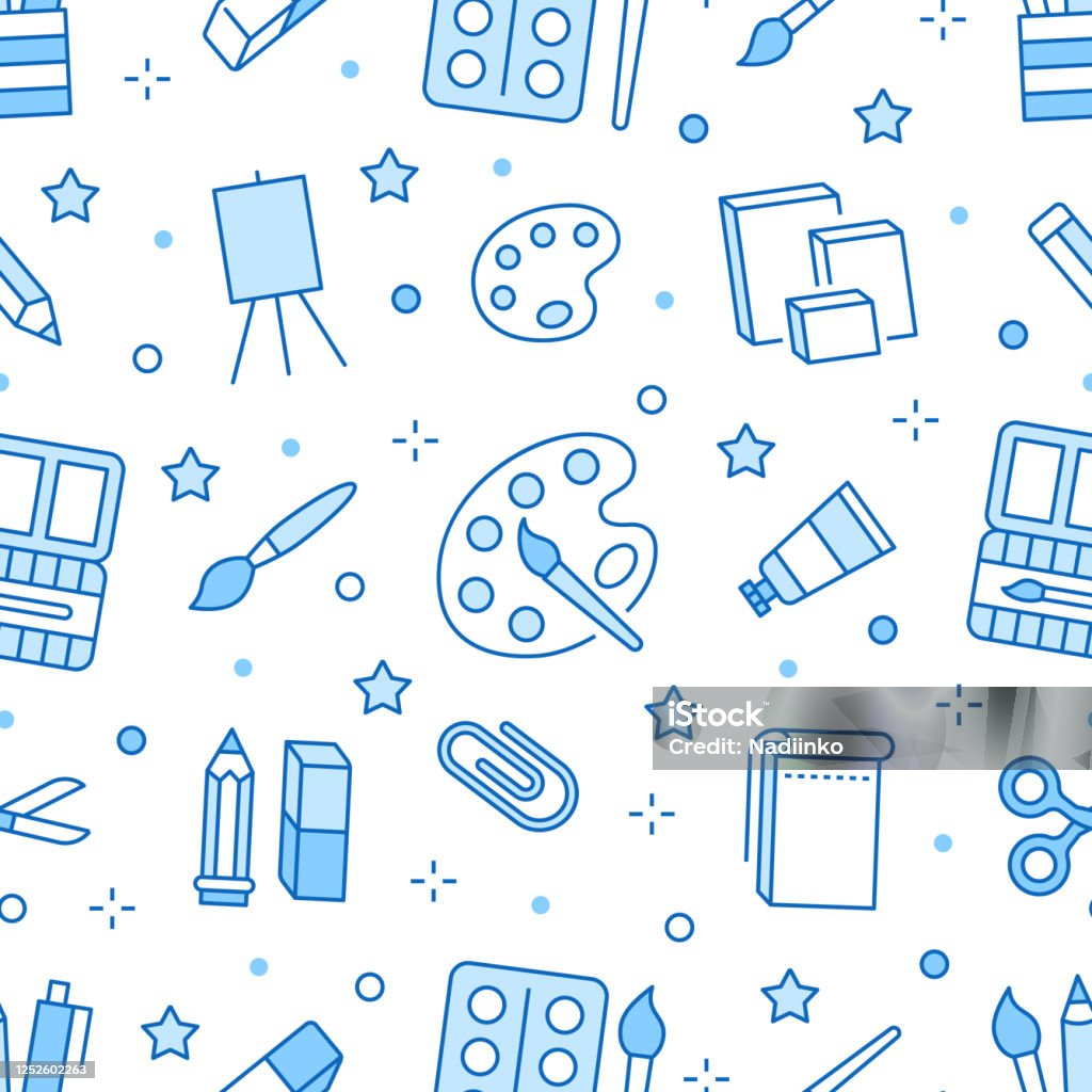 Stationery Background School Tools Seamless Pattern Art Education Wallpaper  With Line Icons Of Pencil Pen Paintbrush Palette Notebook Painter Supplies  Vector Illustration Blue White Color Stock Illustration - Download Image  Now - iStock