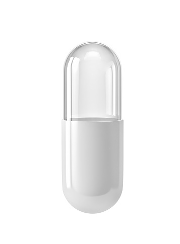 Empty white and glass capsule, medical pill isolated on white. 3D rendering with clipping path