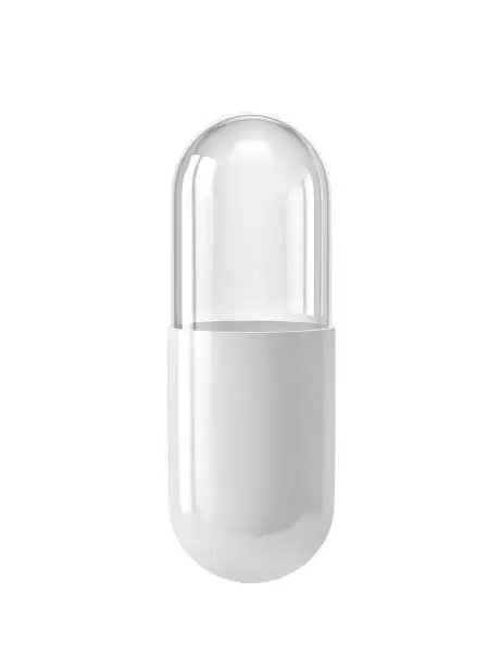 Photo of Empty white and glass capsule, medical pill isolated on white